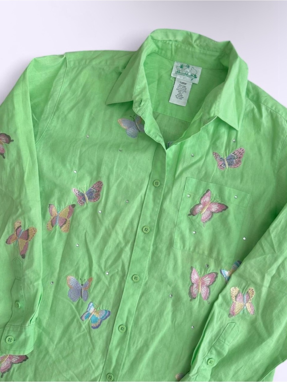 Vintage Quacker Factory Green Linen Cotton Butterfly Embroidered Shirt Fairy